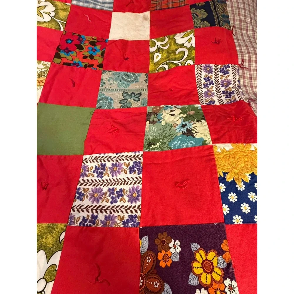 Vintage Handmade Patchwork Tied Quilt Red Floral Plaid Farmhouse Throw Blanket